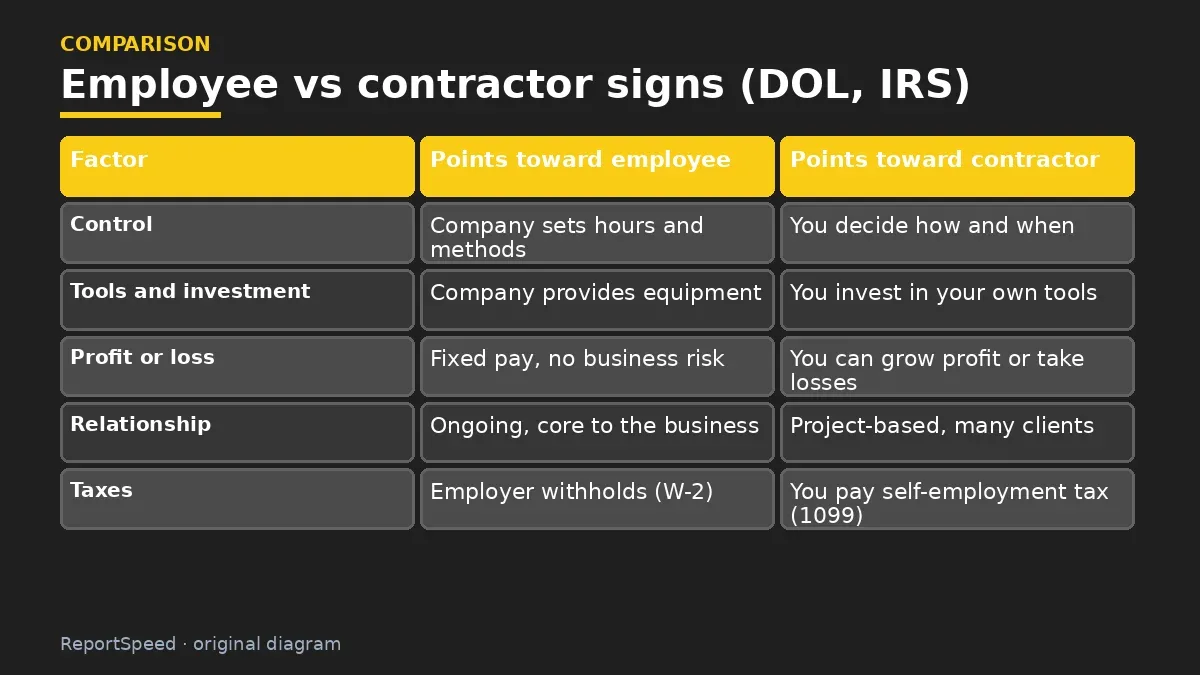 Comparison chart: Employee vs contractor signs (DOL, IRS)
