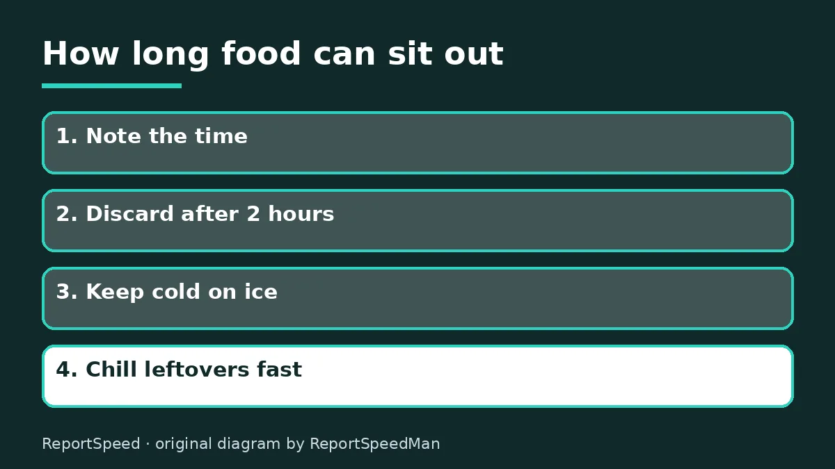 Diagram: How long food can sit out — Note the time; Discard after 2 hours; Keep cold on ice; Chill leftovers fast