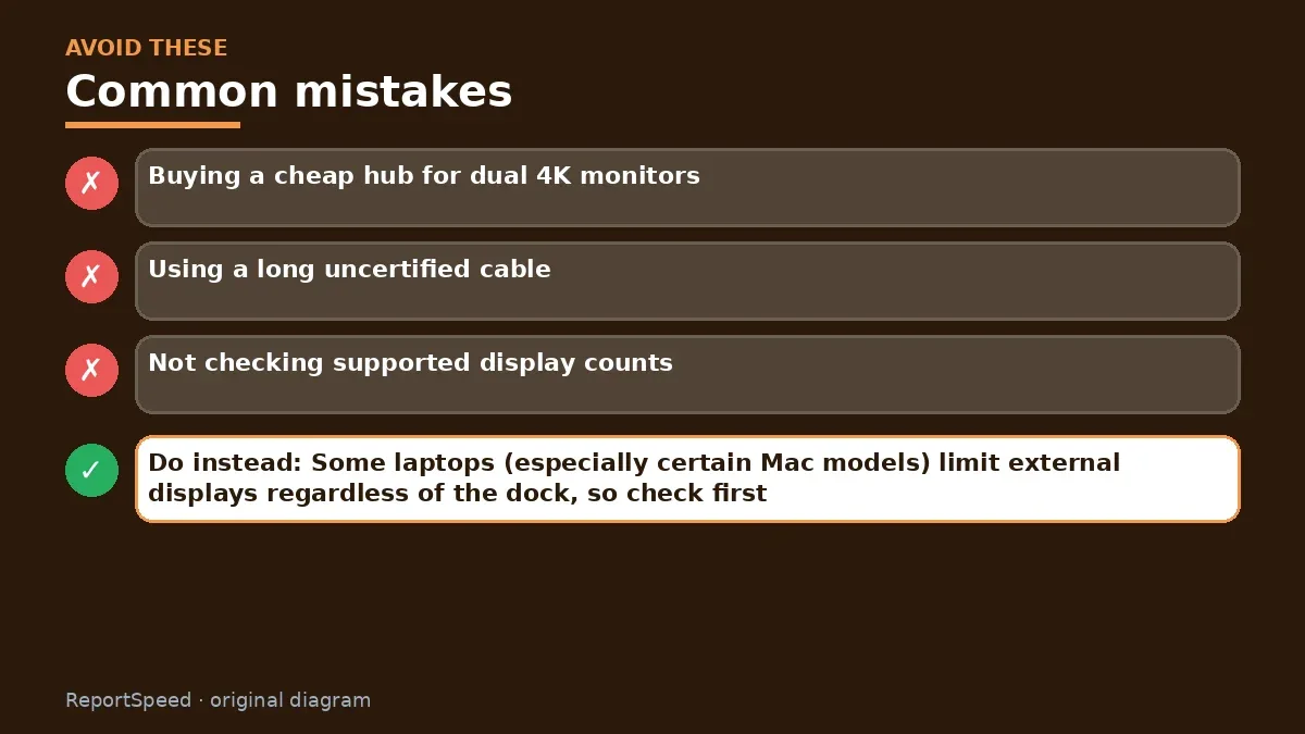 Callout graphic of common mistakes to avoid and what to do instead for USB4 vs Thunderbolt docking station
