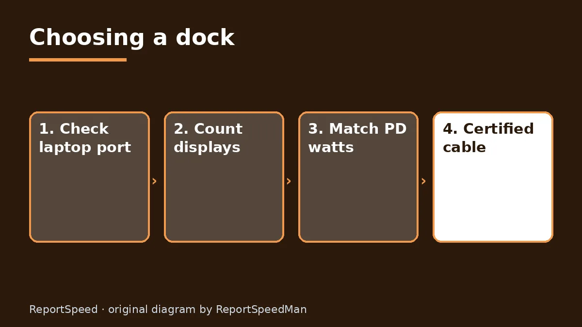 Diagram: Choosing a dock — Check laptop port; Count displays; Match PD watts; Certified cable