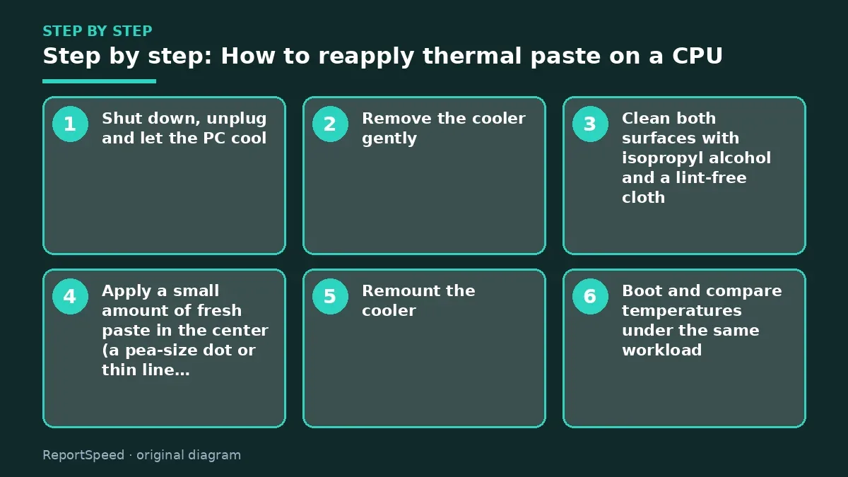 Step illustration: numbered steps for How to reapply thermal paste on a CPU