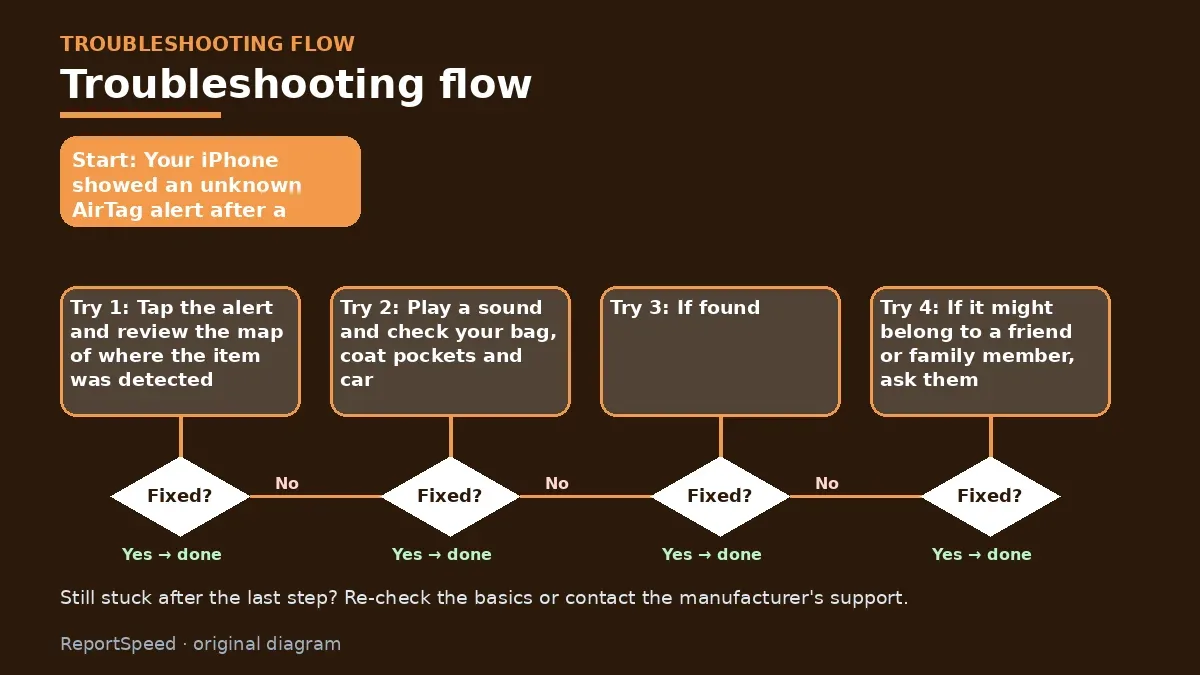 Troubleshooting flowchart: try each step in order and stop when it is fixed — Got an 'AirTag found moving with you' alert
