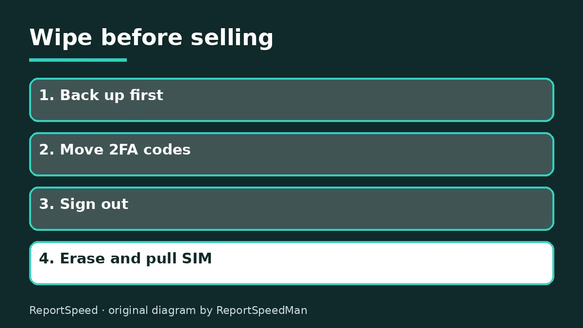 Diagram: Wipe before selling — Back up first; Move 2FA codes; Sign out; Erase and pull SIM