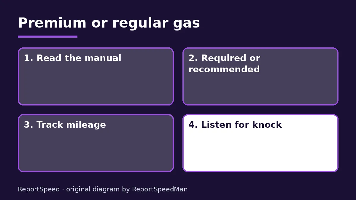 Diagram: Premium or regular gas — Read the manual; Required or recommended; Track mileage; Listen for knock