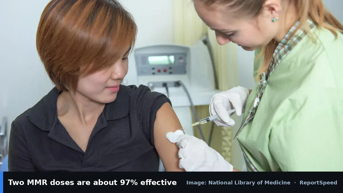 MedlinePlus image of a vaccination (National Library of Medicine official image), annotated: Two MMR doses are about 97% effective