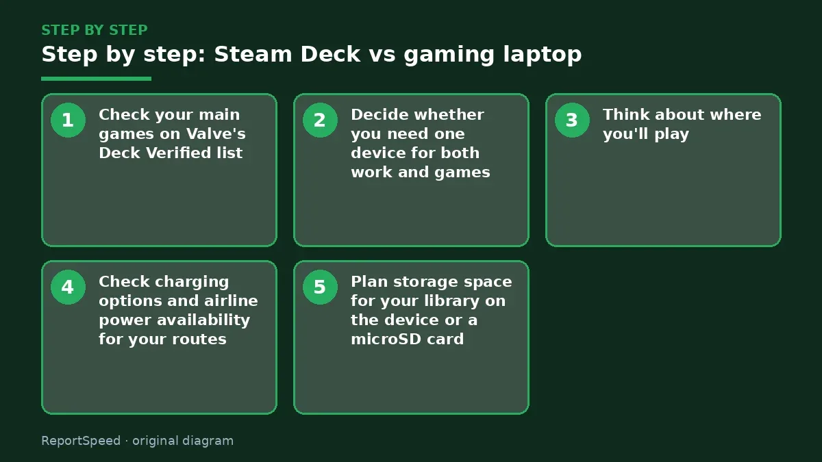 Step illustration: numbered steps for Steam Deck vs gaming laptop