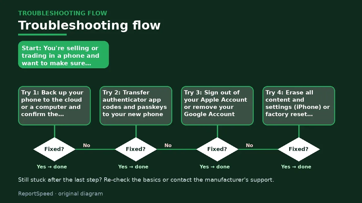 Troubleshooting flowchart: try each step in order and stop when it is fixed — How to wipe my phone before selling or trading it in