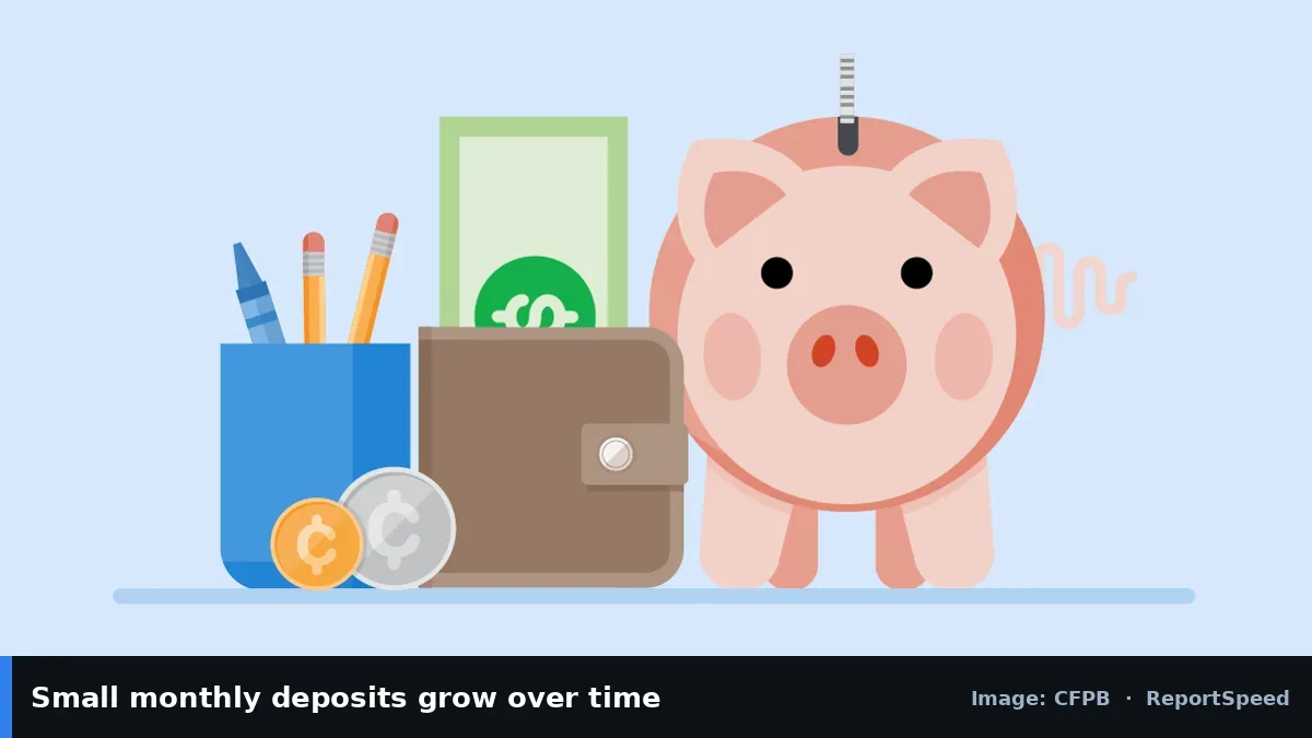 CFPB illustration of a piggy bank, wallet and coins (CFPB official image), annotated: Small monthly deposits grow over time