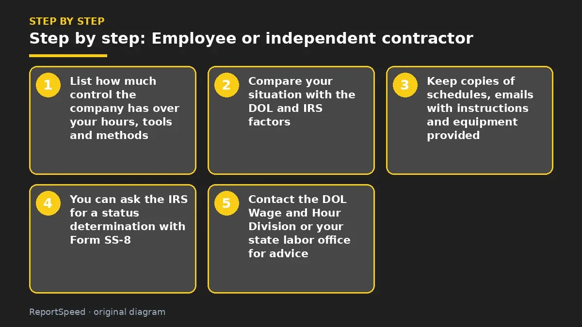 Step illustration: numbered steps for Employee or independent contractor