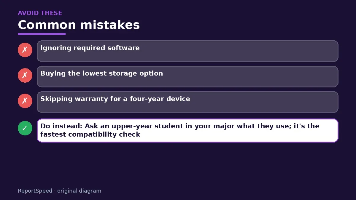 Callout graphic of common mistakes to avoid and what to do instead for MacBook Air vs Windows laptop for college
