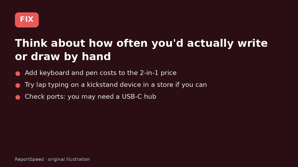 Fix steps: Think about how often you'd actually write or draw by hand; Add keyboard and pen costs to the 2-in-1 price; Try lap typing on a kickstand device in a store if you can