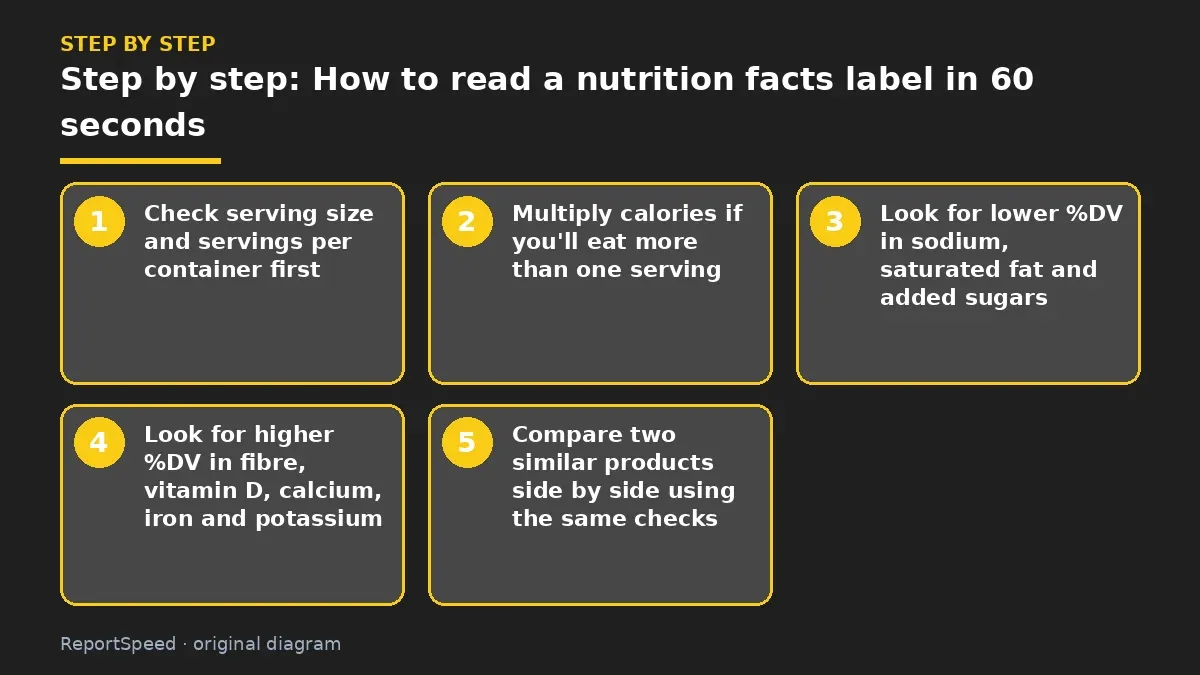 Step illustration: numbered steps for How to read a nutrition facts label in 60 seconds