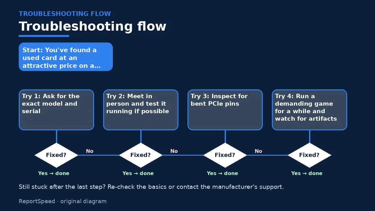 Troubleshooting flowchart: try each step in order and stop when it is fixed — Is it safe to buy a used graphics card