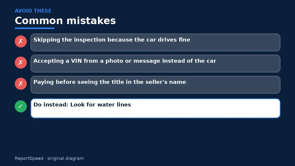 Callout graphic of common mistakes to avoid and what to do instead for How do I check a used car's history before I buy it