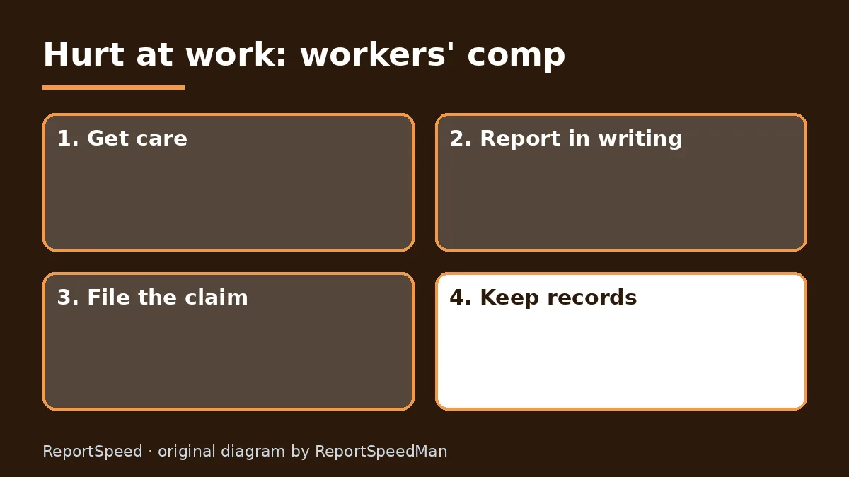 Diagram: Hurt at work: workers' comp — Get care; Report in writing; File the claim; Keep records