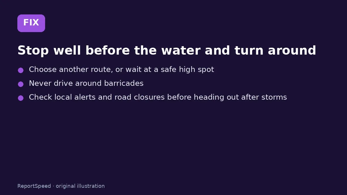 Fix steps: Stop well before the water and turn around; Choose another route, or wait at a safe high spot; Never drive around barricades