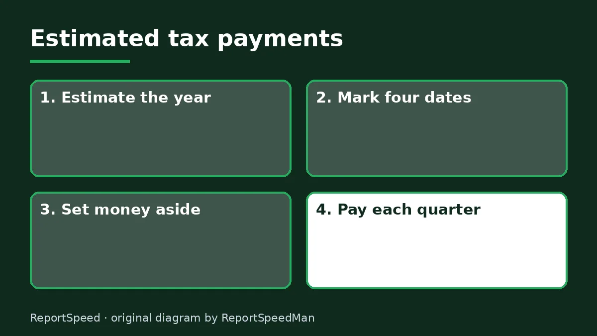 Diagram: Estimated tax payments — Estimate the year; Mark four dates; Set money aside; Pay each quarter