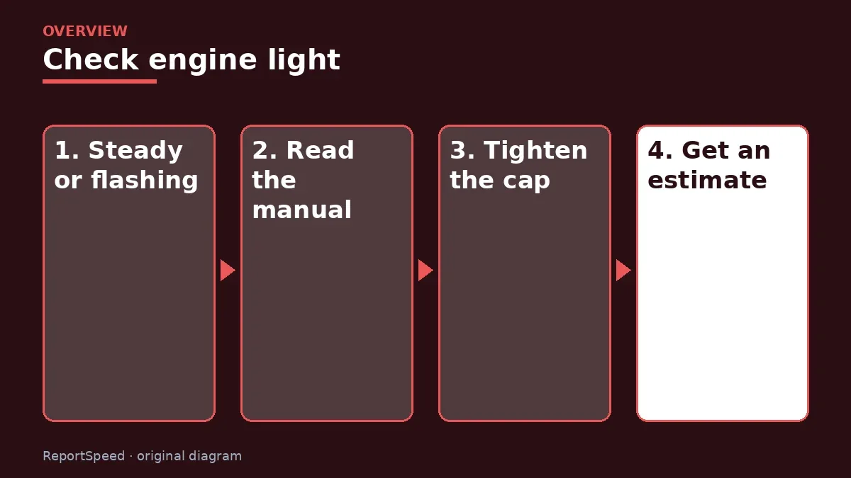 Overview diagram: Check engine light — Steady or flashing; Read the manual; Tighten the cap; Get an estimate