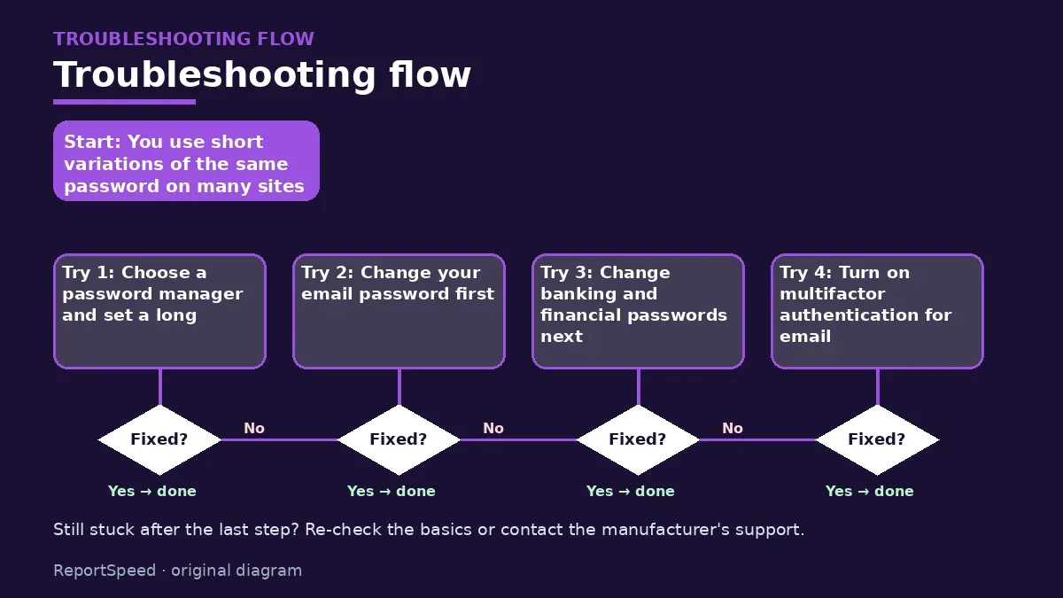 Troubleshooting flowchart: try each step in order and stop when it is fixed — How long should a password be