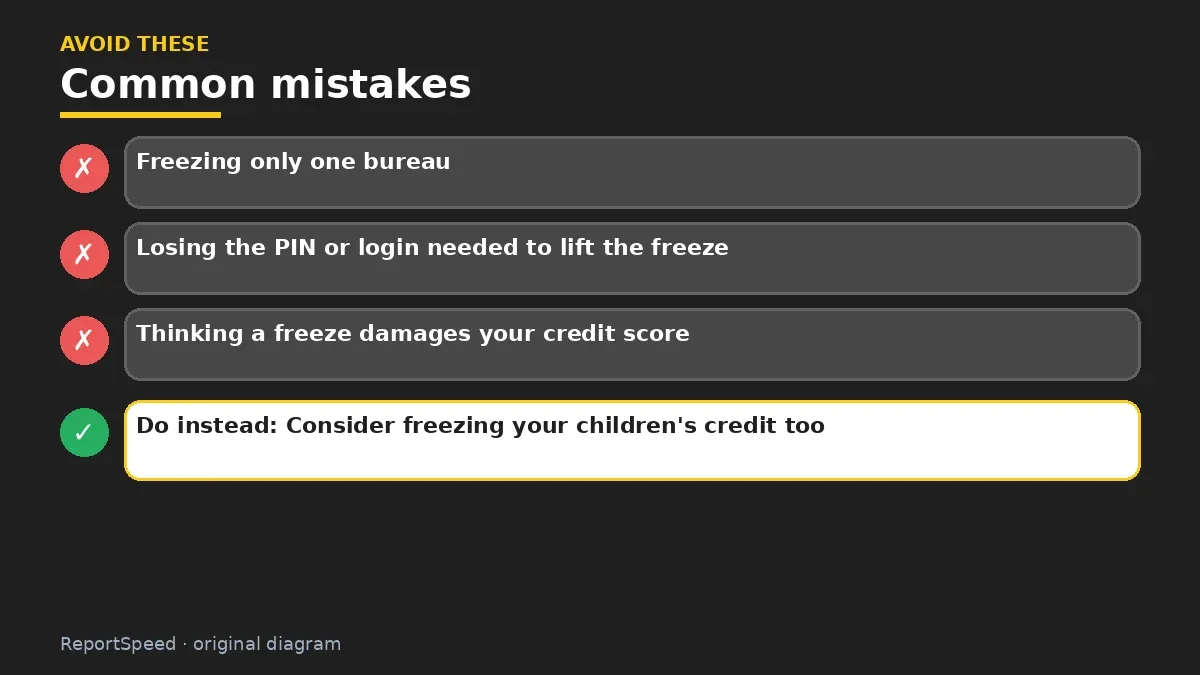 Callout graphic of common mistakes to avoid and what to do instead for How do I freeze my credit, and should I do it
