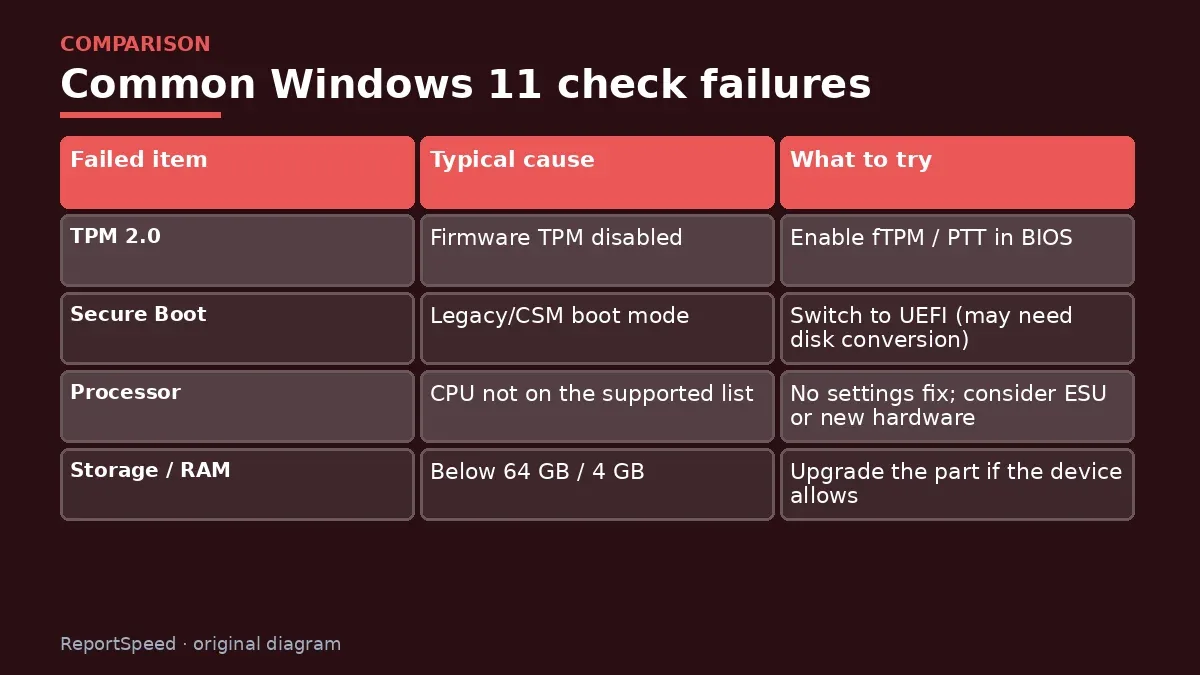 Comparison chart: Common Windows 11 check failures