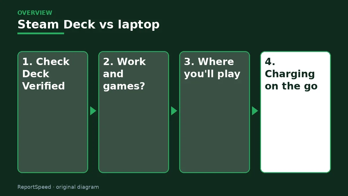 Overview diagram: Steam Deck vs laptop — Check Deck Verified; Work and games?; Where you'll play; Charging on the go