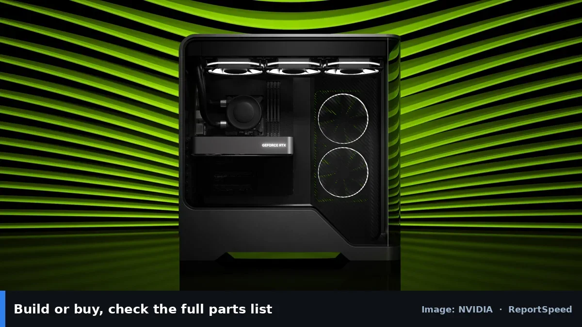 GeForce RTX 5060 family desktop PC (NVIDIA official image), annotated: Build or buy, check the full parts list