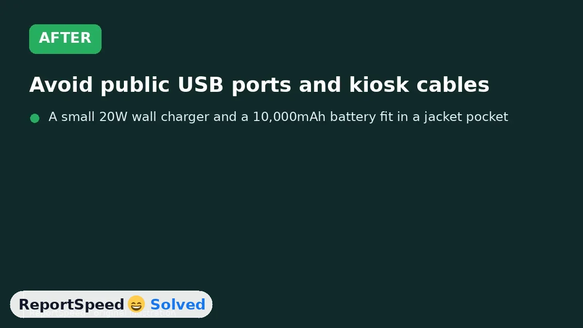 After: Avoid public USB ports and kiosk cables; use your own charger in a wall outlet or a battery pack, and decline trust prompts