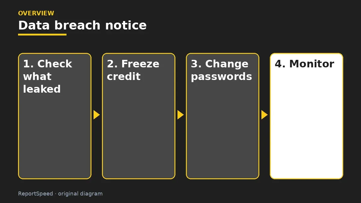 Overview diagram: Data breach notice — Check what leaked; Freeze credit; Change passwords; Monitor