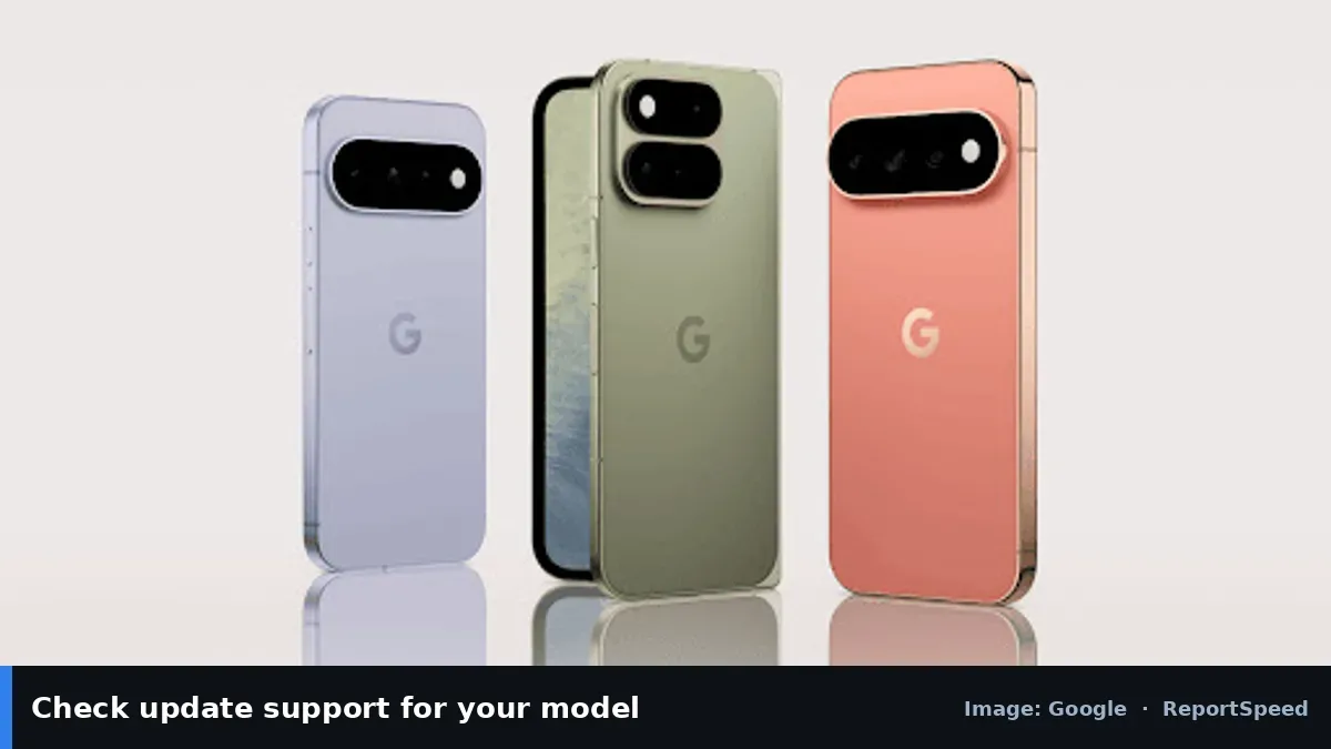 Google Pixel phones (Google official image), annotated: Check update support for your model