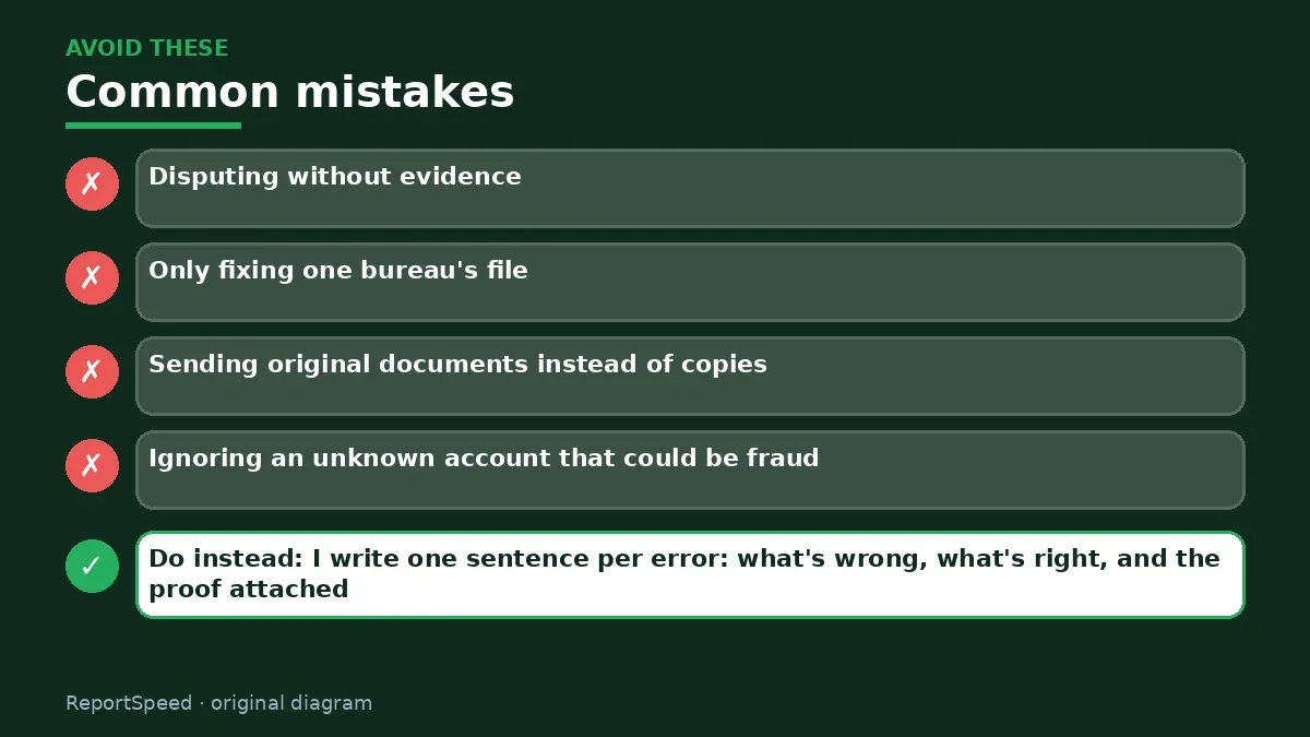 Callout graphic of common mistakes to avoid and what to do instead for Found an error on my credit report