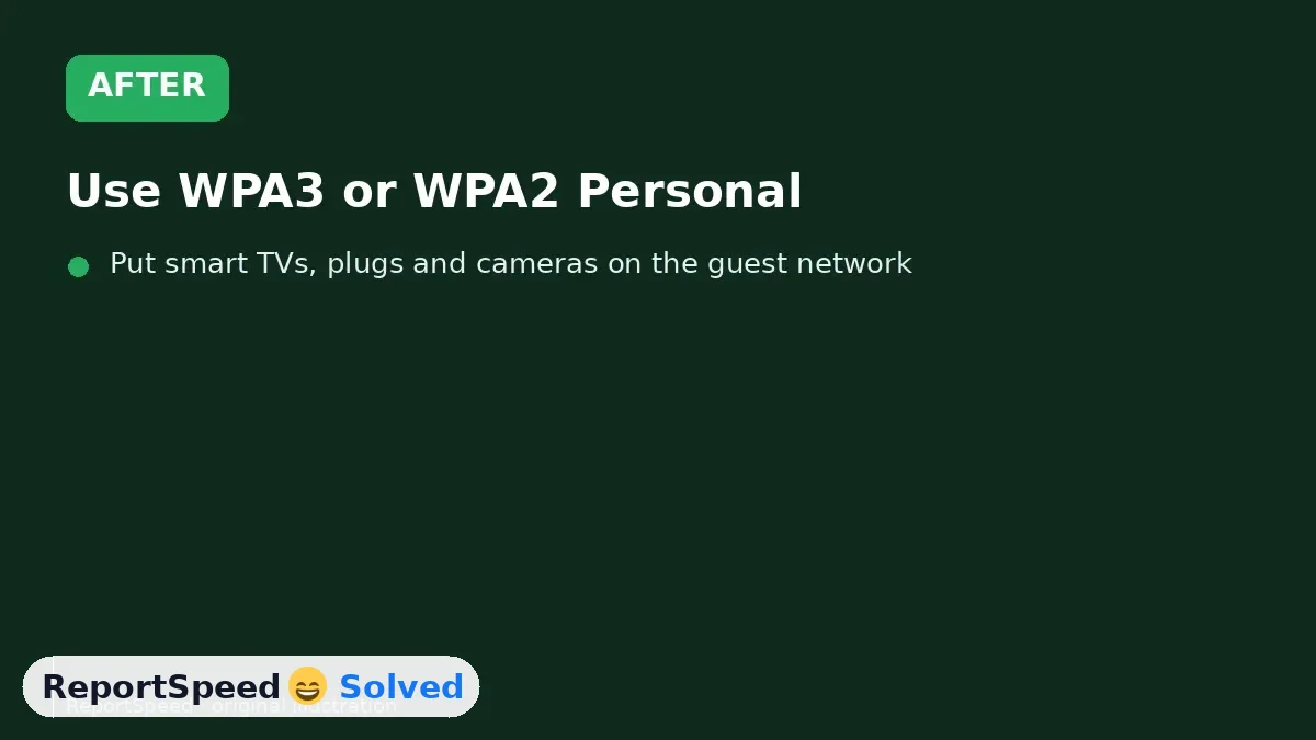 After: Use WPA3 or WPA2 Personal, change the admin and Wi-Fi passwords, update firmware and turn off remote management, WPS and UPnP