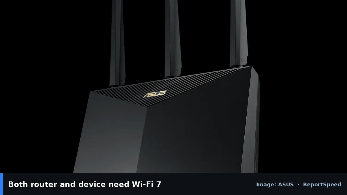 ASUS Wi-Fi router (ASUS official image), annotated: Both router and device need Wi-Fi 7