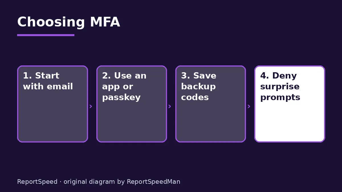 Diagram: Choosing MFA — Start with email; Use an app or passkey; Save backup codes; Deny surprise prompts