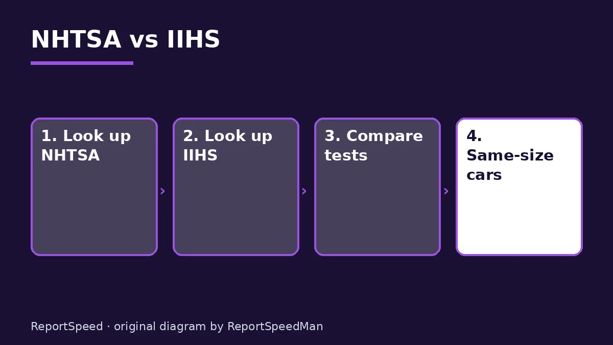 Diagram: NHTSA vs IIHS — Look up NHTSA; Look up IIHS; Compare tests; Same-size cars