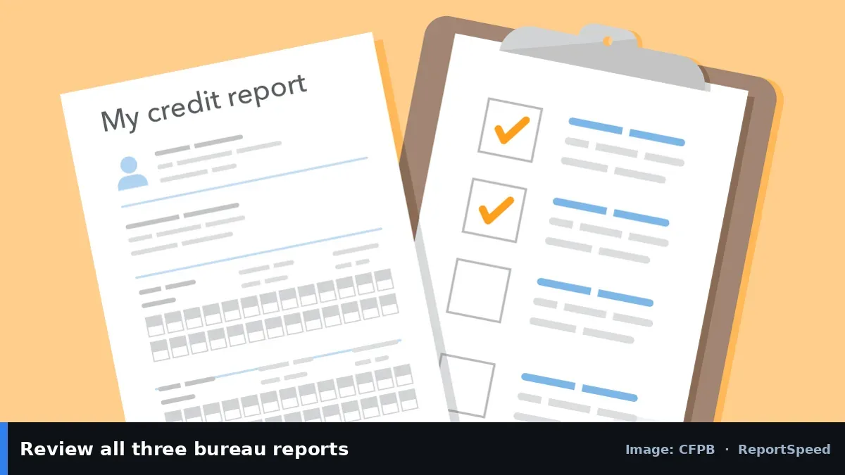CFPB illustration of a credit report and checklist (CFPB official image), annotated: Review all three bureau reports