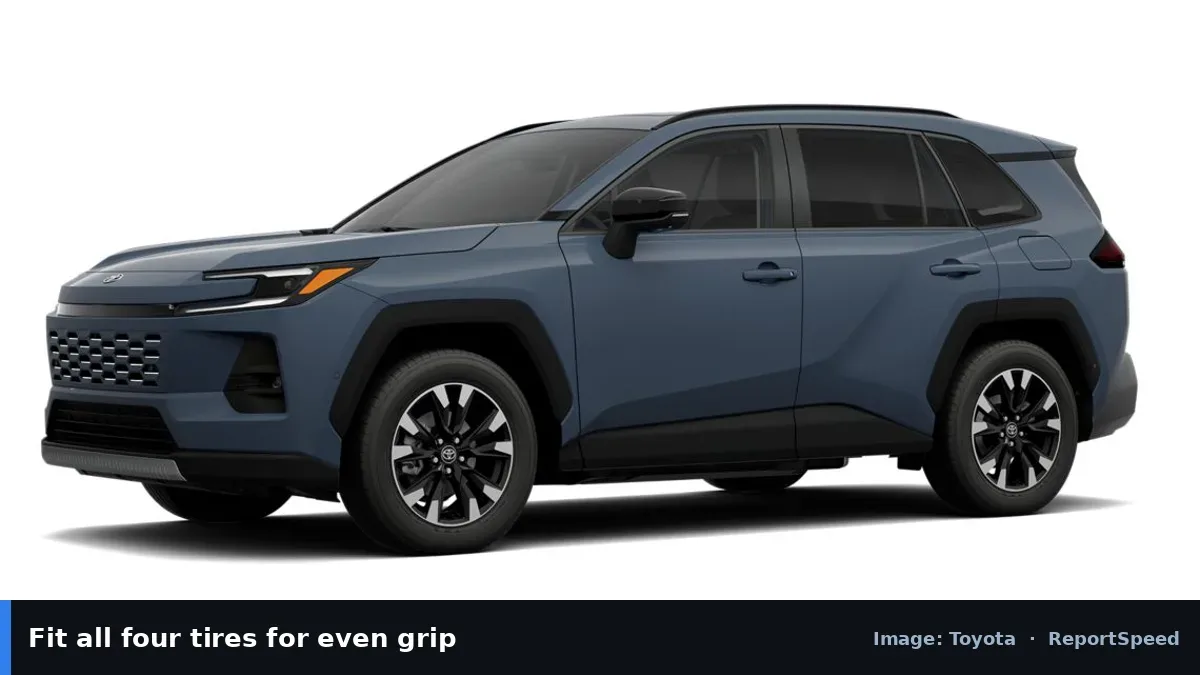 Toyota RAV4 Hybrid SUV (Toyota official image), annotated: Fit all four tires for even grip
