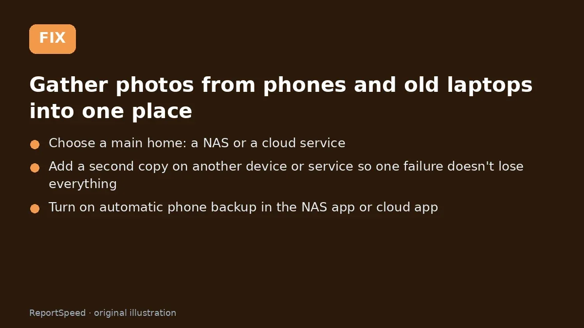 Fix steps: Gather photos from phones and old laptops into one place; Choose a main home: a NAS or a cloud service; Add a second copy on another device or service so one…