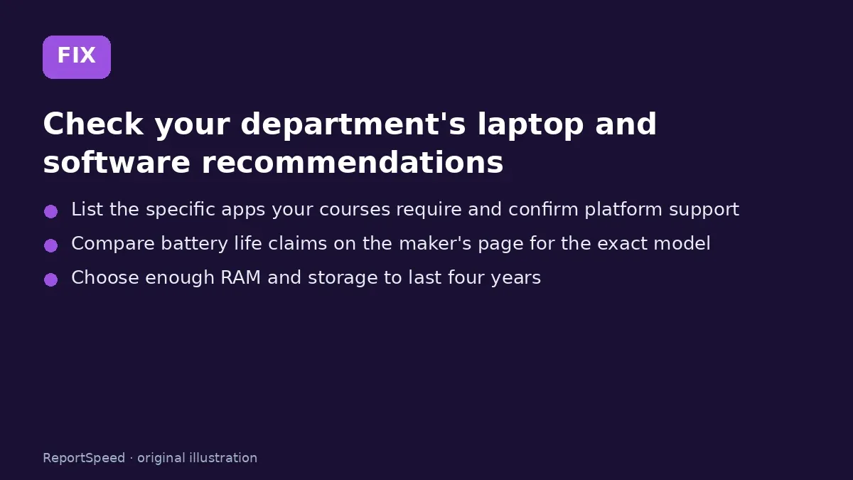Fix steps: Check your department's laptop and software recommendations; List the specific apps your courses require and confirm…; Compare battery life claims on the maker's page for the…