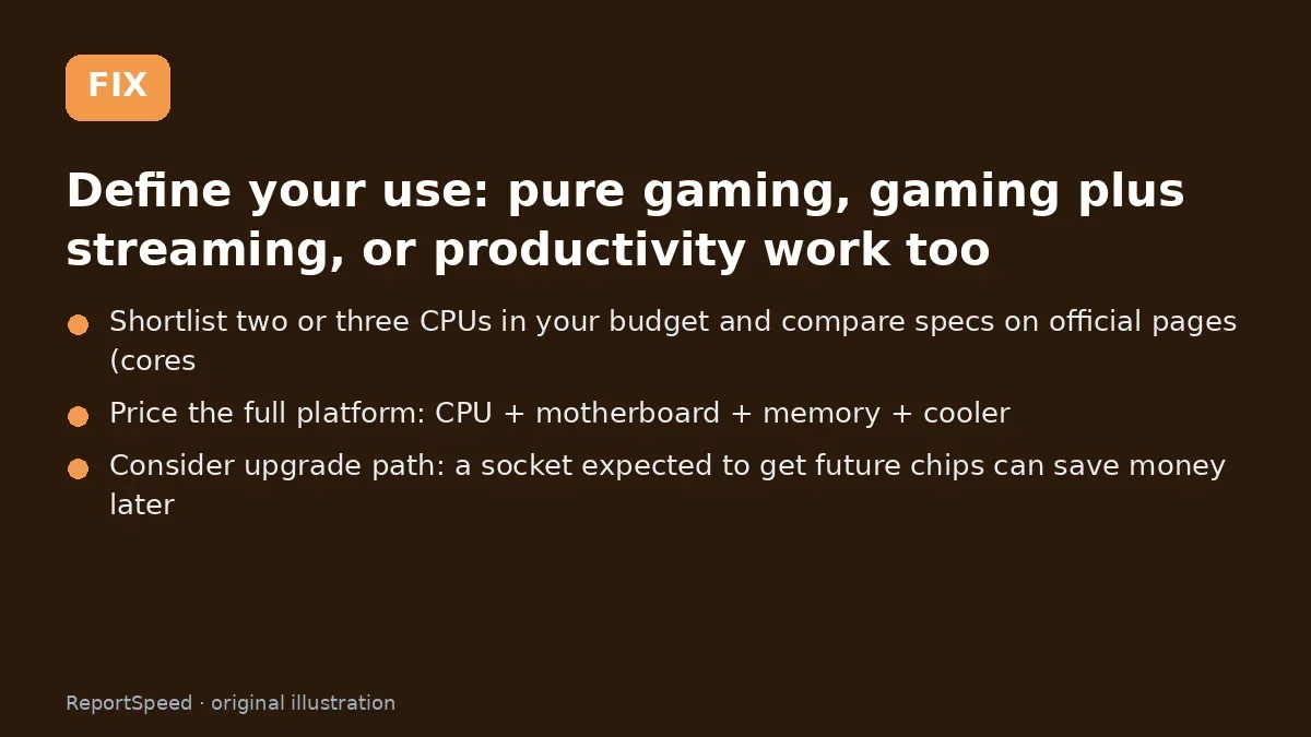 Fix steps: Define your use; Shortlist two or three CPUs in your budget and compare…; Price the full platform: CPU + motherboard + memory + cooler