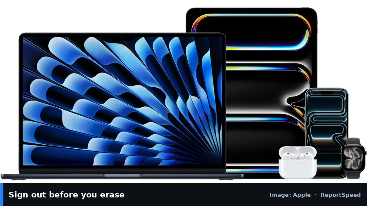 Apple trade-in devices (Apple official image), annotated: Sign out before you erase