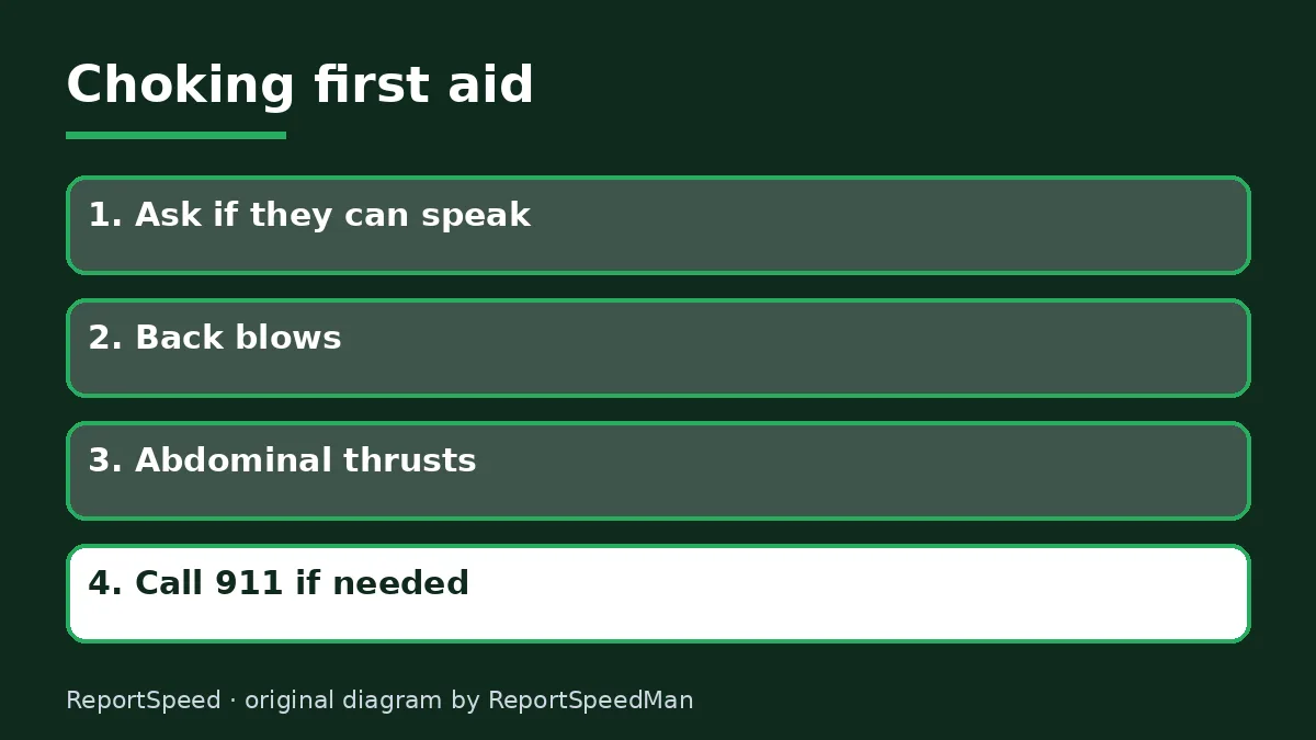 Diagram: Choking first aid — Ask if they can speak; Back blows; Abdominal thrusts; Call 911 if needed