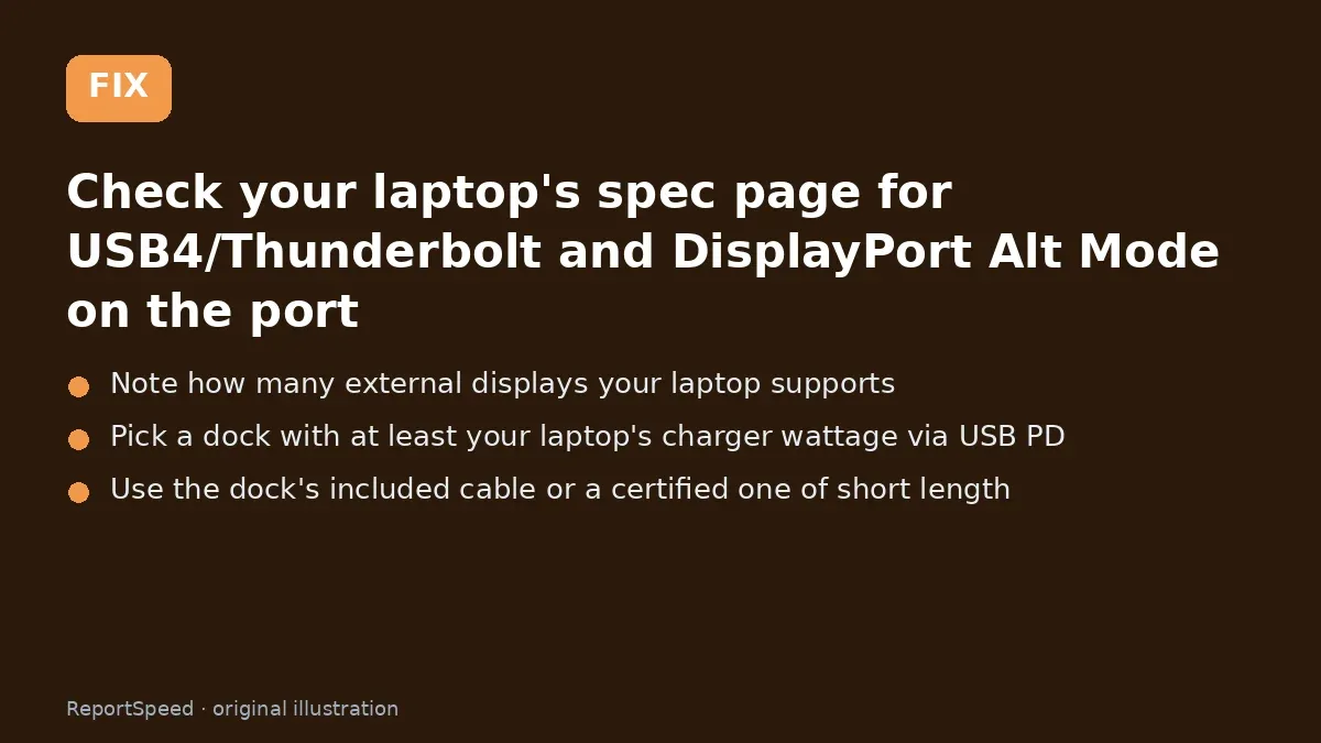 Fix steps: Check your laptop's spec page for USB4/Thunderbolt and…; Note how many external displays your laptop supports; Pick a dock with at least your laptop's charger wattage via…