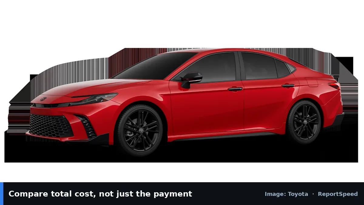 Toyota Camry sedan (Toyota official image), annotated: Compare total cost, not just the payment