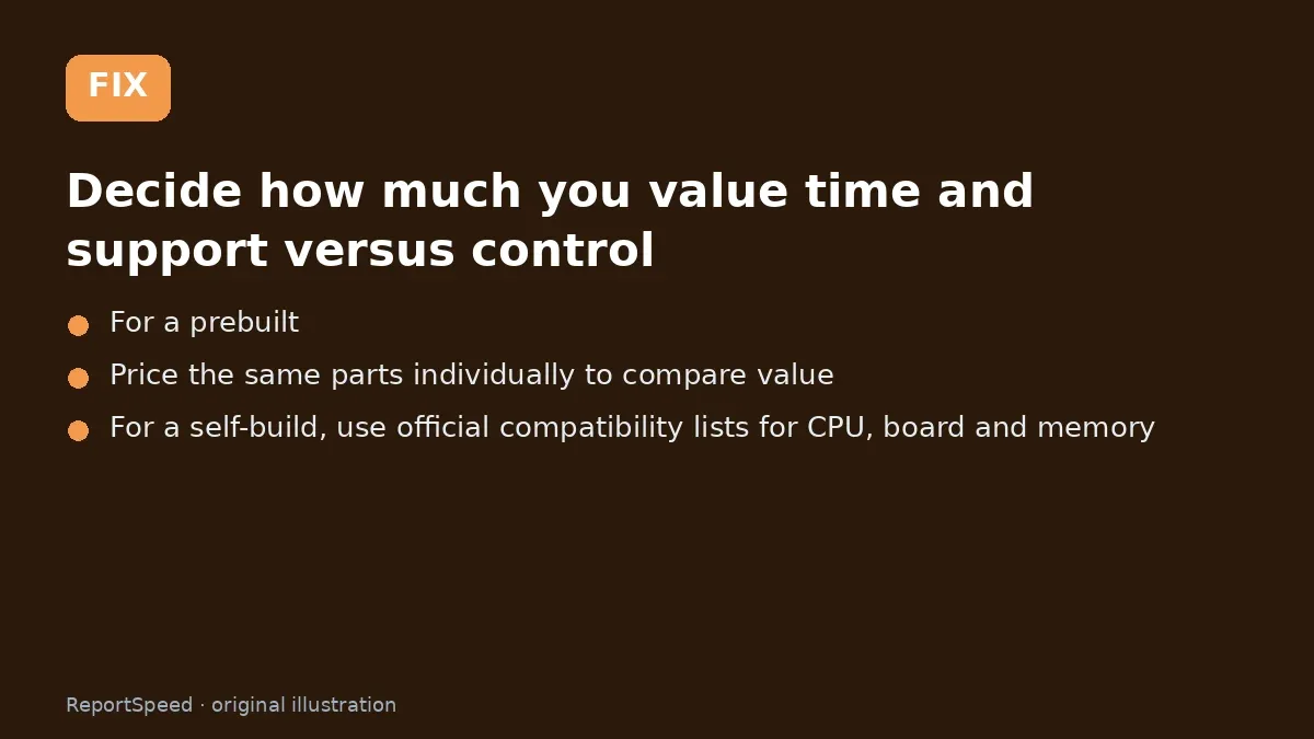 Fix steps: Decide how much you value time and support versus control; For a prebuilt; Price the same parts individually to compare value