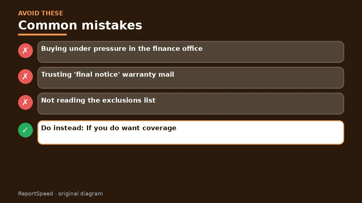 Callout graphic of common mistakes to avoid and what to do instead for Is an extended car warranty worth buying