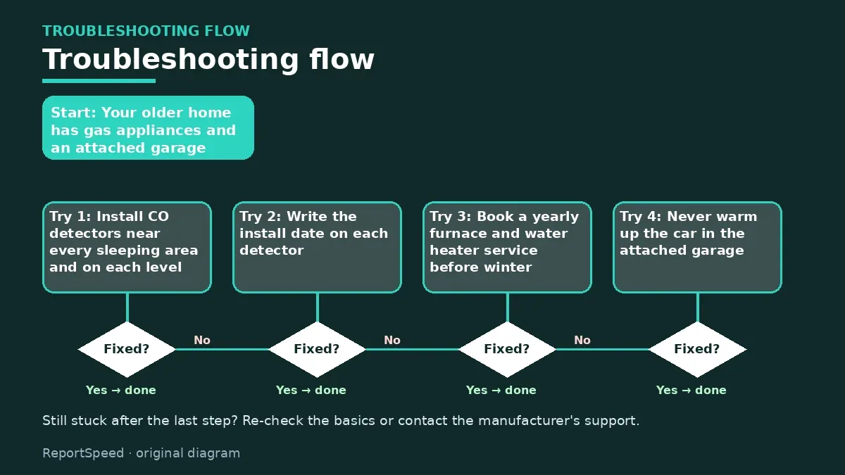 Troubleshooting flowchart: try each step in order and stop when it is fixed — Carbon monoxide poisoning