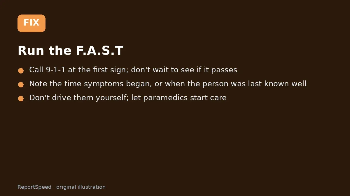 Fix steps: Run the F.A.S.T; Call 9-1-1 at the first sign; don't wait to see if it passes; Note the time symptoms began