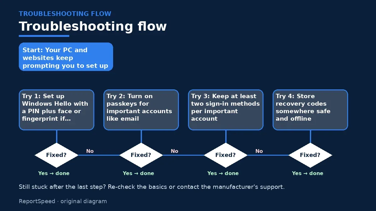 Troubleshooting flowchart: try each step in order and stop when it is fixed — Windows Hello and passkeys