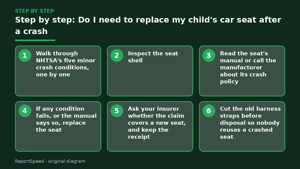 Step illustration: numbered steps for Do I need to replace my child's car seat after a crash